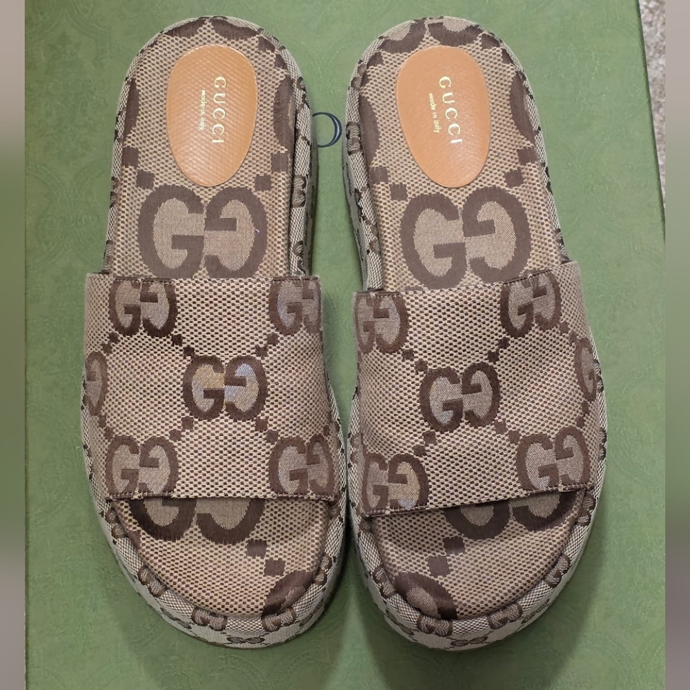 Gucci Macro GG Canvas Platform Sandal, Size 39